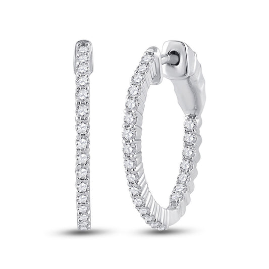 14K White Gold Womens Round Diamond Single Row Hoop Earrings 1/2 Cttw, Length: 0.83 In, Width: 0.04 In