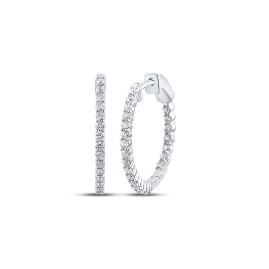 14K White Or Yellow Gold Womens Round Diamond Inside Outside Hoop Earrings
