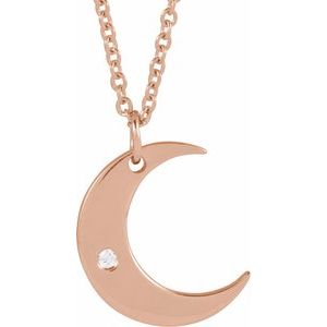14K Rose Gold Round 1.3 Mm G-H I1 .01 Ct Natural Diamond Accented Crescent Moon Necklace, Length: 18 In