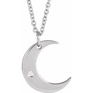 14K White Gold Round 1.3 Mm G-H I1 .01 Ct Natural Diamond Accented Crescent Moon Necklace, Length: 18 In
