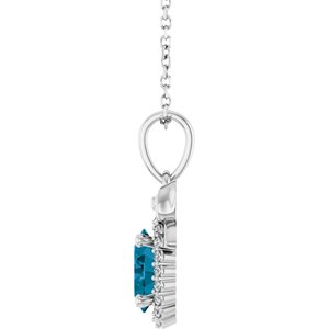 14K White Gold Oval 7 X 5Mm G-H I1 Natural London Blue Topaz And .08 Ctw Natural Diamond Bow Necklace, Length: 18 In