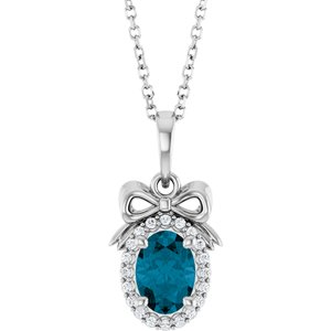 14K White Gold Oval 7 X 5Mm G-H I1 Natural London Blue Topaz And .08 Ctw Natural Diamond Bow Necklace, Length: 18 In