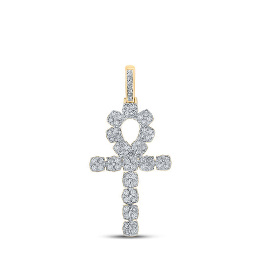 10K Yellow Gold Mens Round Diamond Ankh Cross Charm Pendant 1-1/4 Cttw