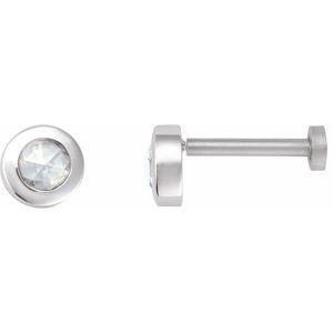 14K White Gold Round 3.5 Mm  1/10 Ct Natural Rosecut Diamond Bezel-Set Earring With Press Fit Back, Length: 6 MM