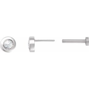 14K White Gold Round 3.5 Mm  1/10 Ct Natural Rosecut Diamond Bezel-Set Earring With Press Fit Back, Length: 6 MM