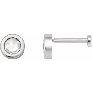 14K White Gold Round 4 Mm  1/8 Ct Natural Rosecut Diamond Bezel-Set Earring With Press Fit Back, Length: 6 MM