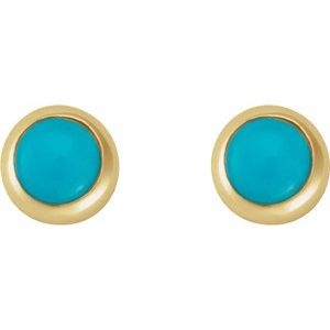14K Yellow Gold Round 2 Mm  Cabochon Natural Turquoise Bezel-Set Earring, Length: 6 MM