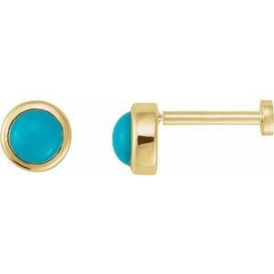 14K Yellow Gold Round 4 Mm  Cabochon Natural Turquoise Bezel-Set Earring, Length: 6 MM