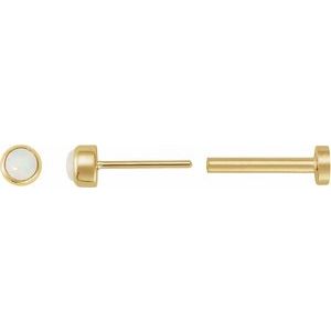 14K Yellow Gold Round 2 Mm  Cabochon Natural White Opal Bezel-Set Earring, Length: 6 MM