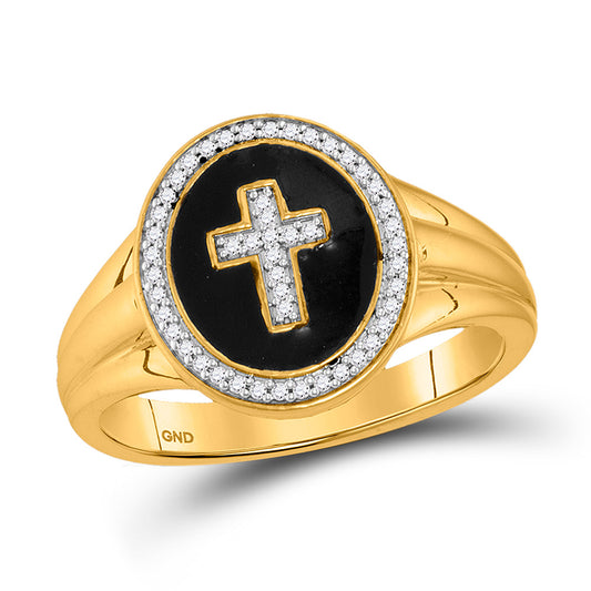 10K Yellow Gold Mens Round Diamond Oval Cross Ring 1/6 Cttw, Mens Size: 7-13