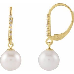 14K Yellow Gold 7.0-7.5 Mm Polished Cultured Freshwater Pearl And .05 Ctw Natural Diamond Leverback Earrings