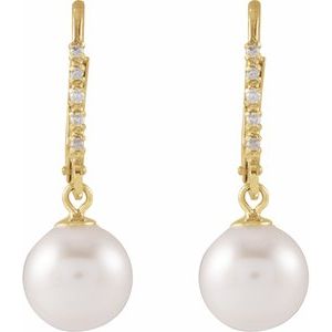 14K Yellow Gold 7.0-7.5 Mm Polished Cultured Freshwater Pearl And .05 Ctw Natural Diamond Leverback Earrings