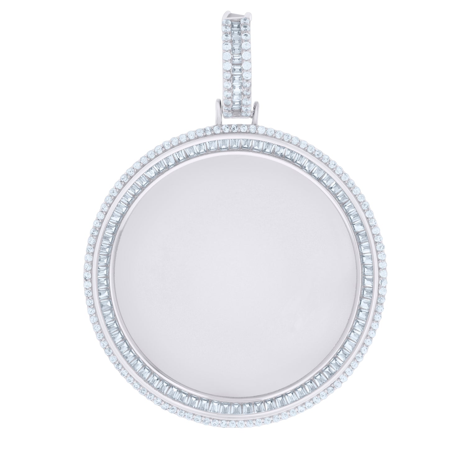 Sterling Silver Men Baguette Round Cubic-Zirconia Picture Frame Charm Pendant