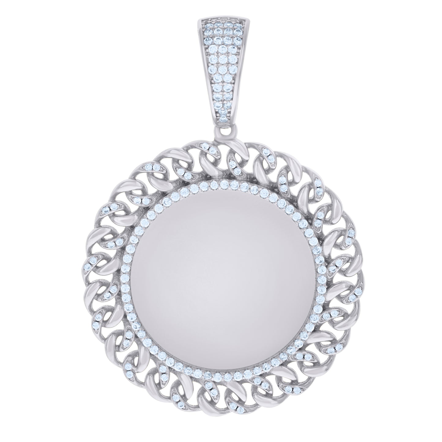 Sterling Silver Men Cubic-Zirconia Cuban Border Picture Frame Charm Pendant