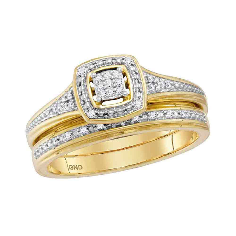 10K Yellow Gold His Hers Round Diamond Cluster Matching Wedding Set 1/10 Cttw, Womens Size: 5-10, Mens Size: 7-13