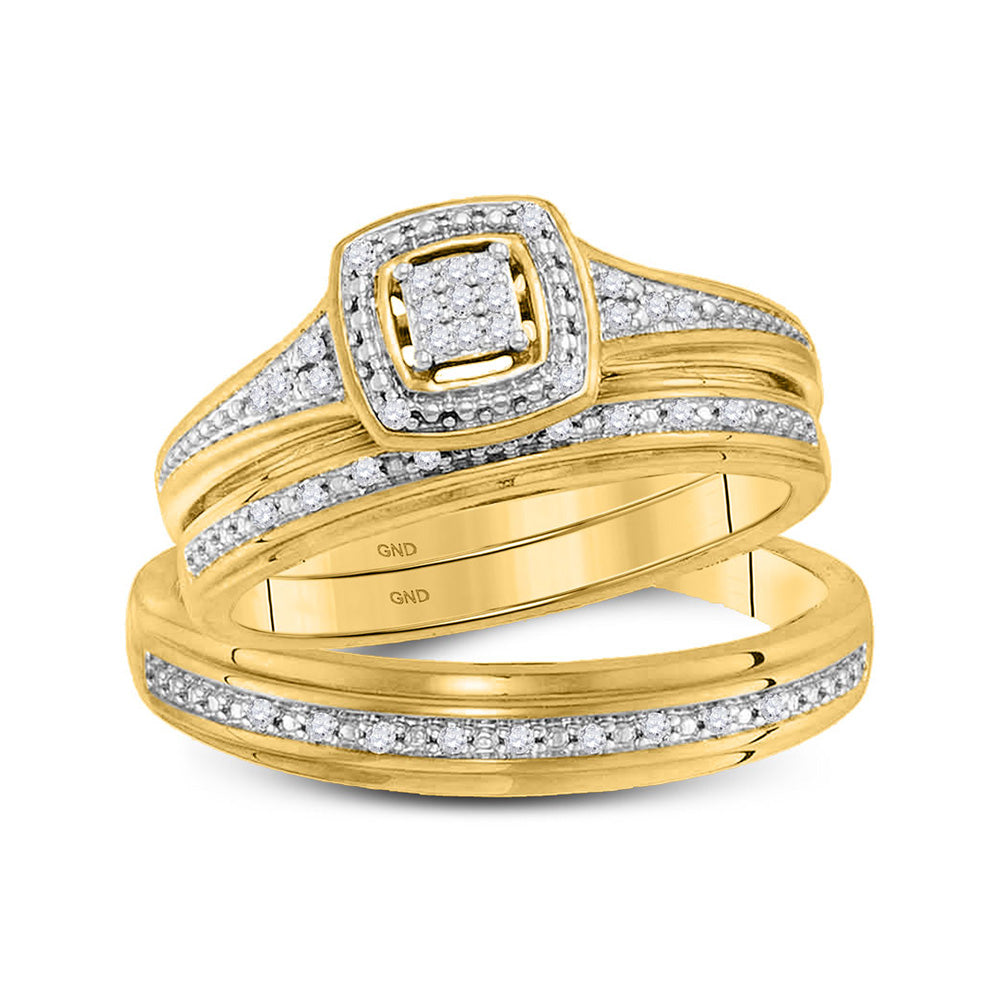10K Yellow Gold His Hers Round Diamond Cluster Matching Wedding Set 1/10 Cttw, Womens Size: 5-10, Mens Size: 7-13