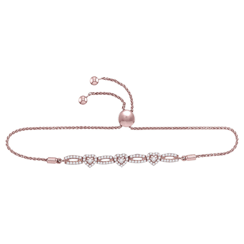10K Rose Gold Womens Round Diamond Triple Heart Bolo Bracelet 1/2 Cttw