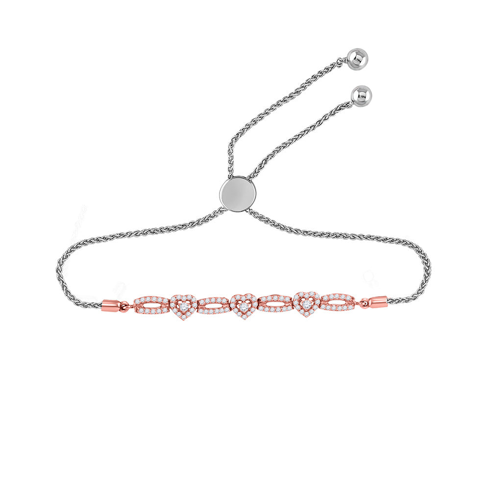 10K Rose Gold Womens Round Diamond Triple Heart Bolo Bracelet 1/2 Cttw