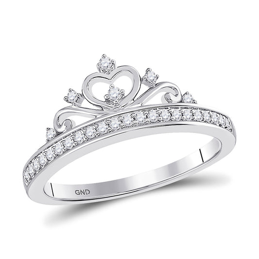 10K White Gold Womens Round Diamond Crown Tiara Fashion Ring 1/6 Cttw, Womens Size: 5-10