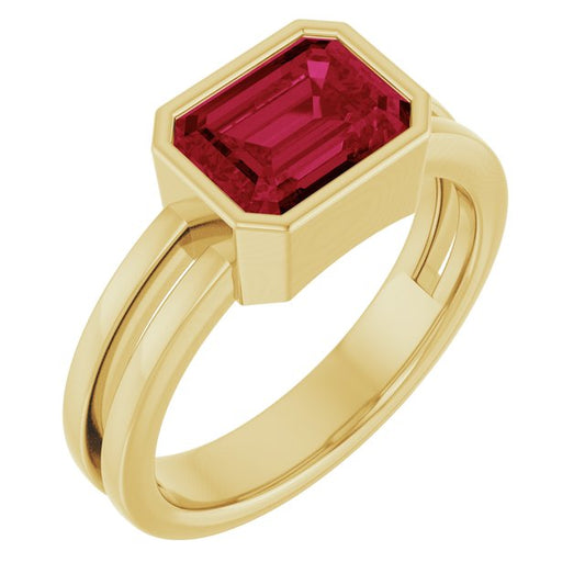 14K Yellow Gold Emerald 8 X 6 Mm Polished Lab-Grown Ruby Solitaire Ring, Size 7