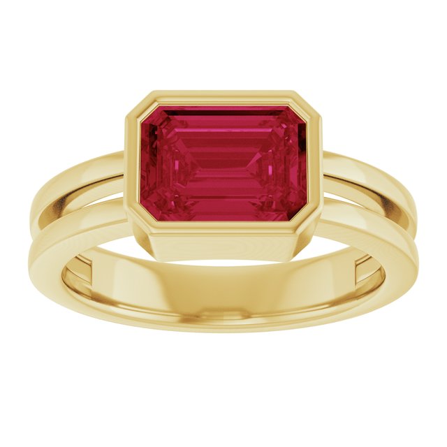 14K Yellow Gold Emerald 8 X 6 Mm Polished Lab-Grown Ruby Solitaire Ring, Size 7