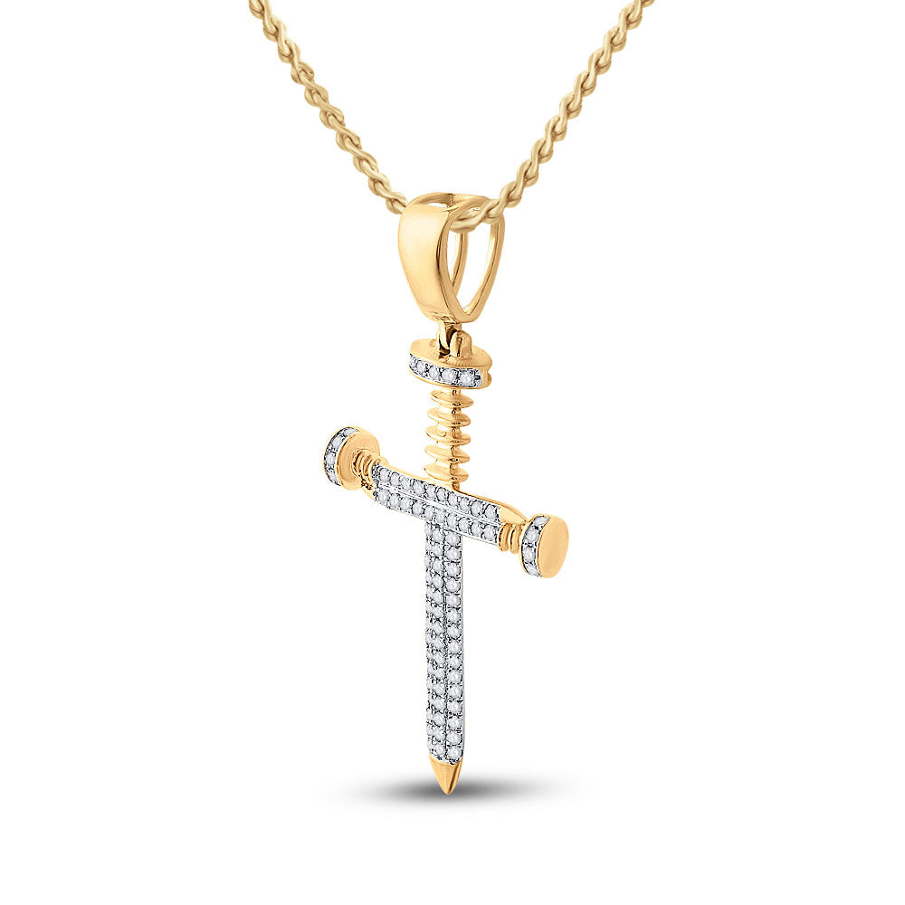 10K Yellow Gold Mens Round Diamond Nail Cross Charm Pendant 3/8 Cttw