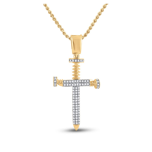 10K Yellow Gold Mens Round Diamond Nail Cross Charm Pendant 3/8 Cttw