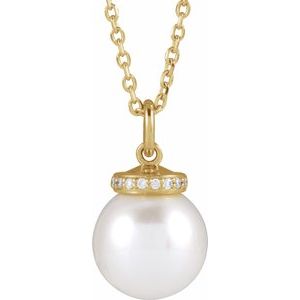 14K Yellow Gold Pearl 8Mm G-H I1 Cultured White Akoya Pearl And .04 Ctw Natural Diamond Hidden Halo-Style Necklace, Length: 18 In
