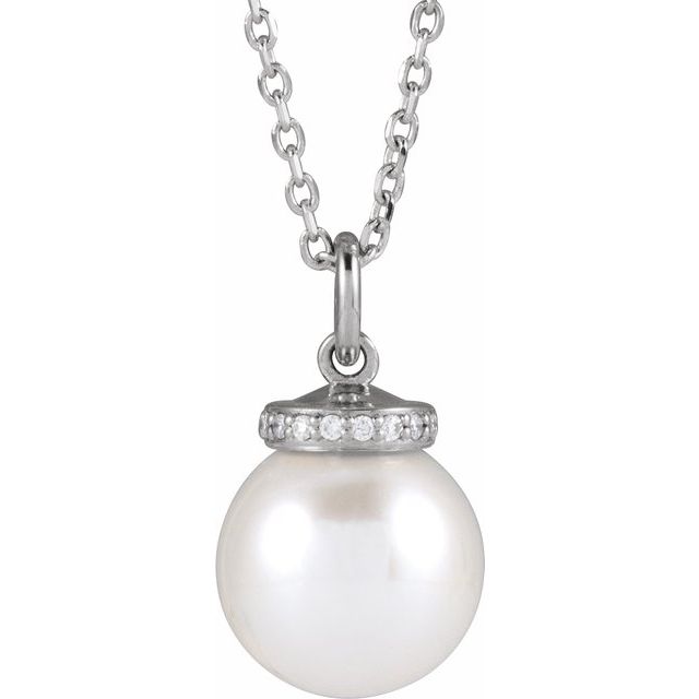 14K White Gold 8Mm I1, G-H 16-18 In Polished Cultured White Akoya Pearl And .04 Ctw Natural Diamond Hidden Halo-Style Necklace