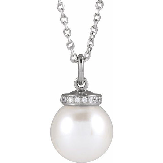 14K White Gold 8Mm I1, G-H 16-18 In Polished Cultured White Akoya Pearl And .04 Ctw Natural Diamond Hidden Halo-Style Necklace