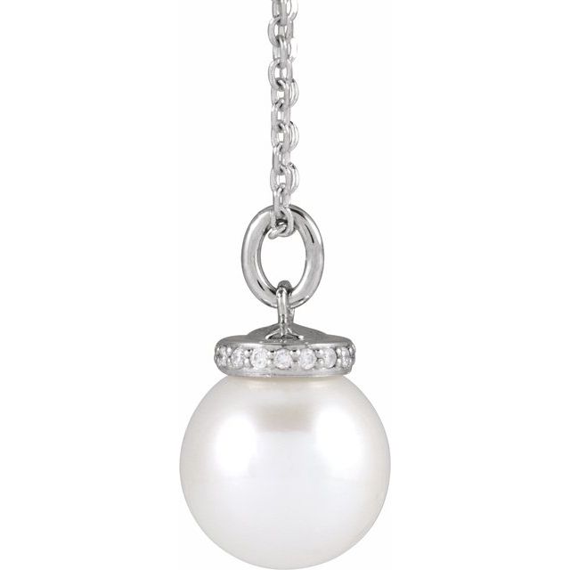 14K White Gold 8Mm I1, G-H 16-18 In Polished Cultured White Akoya Pearl And .04 Ctw Natural Diamond Hidden Halo-Style Necklace