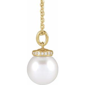14K Yellow Gold Pearl 8Mm G-H I1 Cultured White Akoya Pearl And .04 Ctw Natural Diamond Hidden Halo-Style Necklace, Length: 18 In