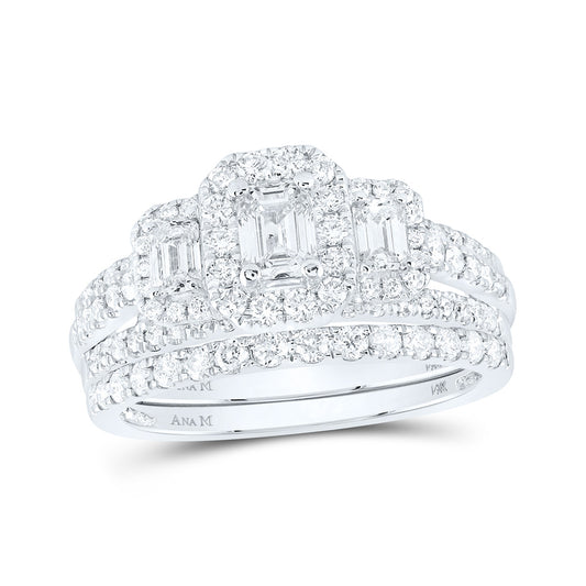 14K White Gold Emerald Diamond 3-Stone Bridal Wedding Ring Band Set 1-1/2 Cttw, Womens Size: 5-10