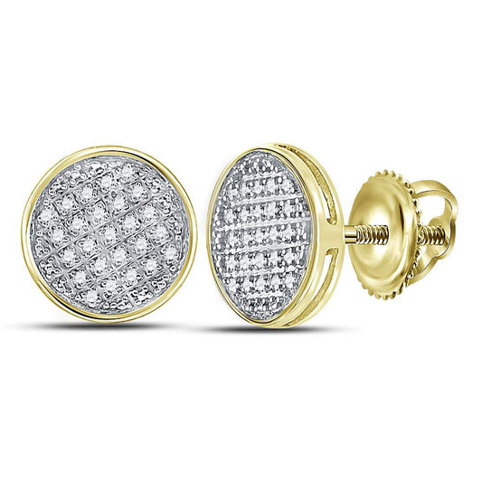 10K Yellow Gold Round Diamond Circle Disk Cluster Earrings 1/8 Cttw