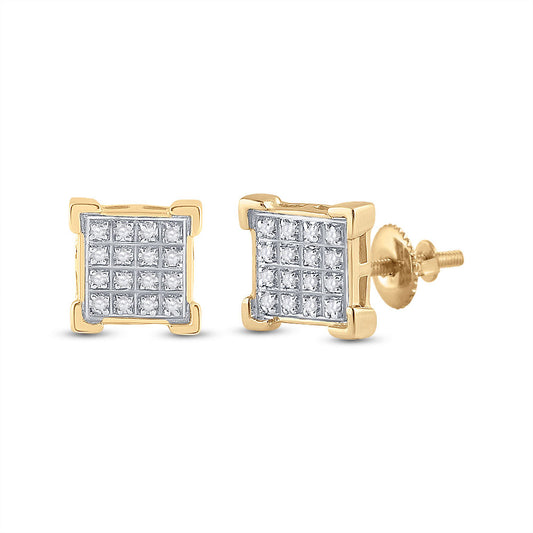 10K Yellow Gold Round Diamond Square Cluster Earrings 1/10 Cttw