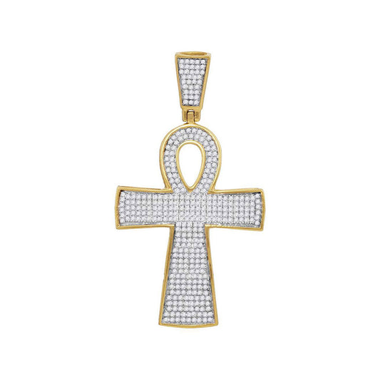 10K Yellow Gold Mens Round Diamond Ankh Cross Religious Charm Pendant 3/4 Cttw