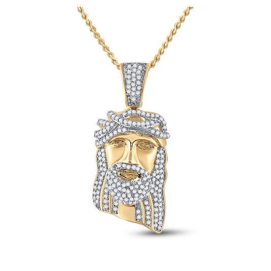 10K Yellow Gold Mens Round Diamond Jesus Face Charm Pendant 3/8 Cttw