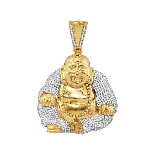 10K Yellow Gold Mens Round Diamond Laughing Buddha Hotei Charm Pendant 1-3/4 Cttw, Length: 2.19 In, Width: 1.55 In