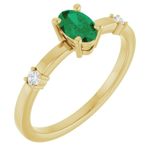 14K Yellow Gold Oval 6 X 4 Mm Polished Lab-Grown Emerald And .05 Ctw Natural Diamond Ring, Size 7