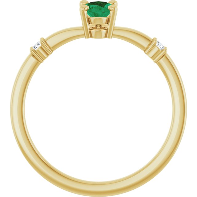 14K Yellow Gold Oval 6 X 4 Mm Polished Lab-Grown Emerald And .05 Ctw Natural Diamond Ring, Size 7