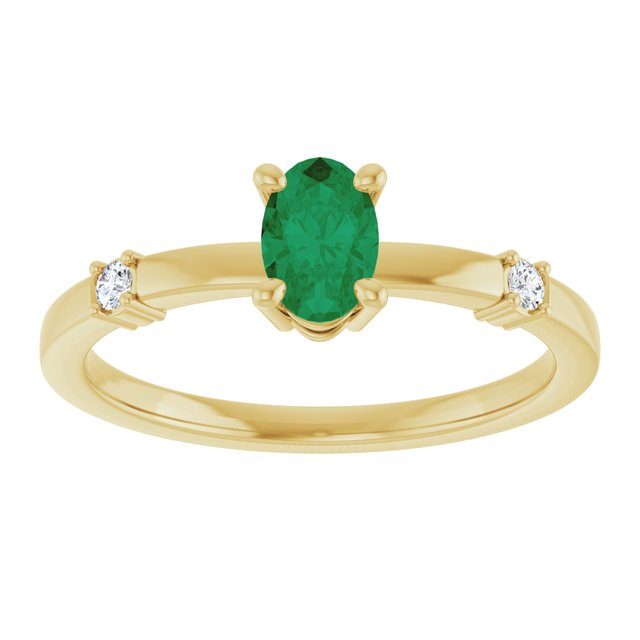 14K Yellow Gold Oval 6 X 4 Mm Polished Lab-Grown Emerald And .05 Ctw Natural Diamond Ring, Size 7