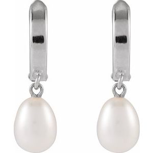 14K White Gold Cultured White Freshwater Pearl Pearl 5.5-6.0 Mm None Polished Cultured Freshwater Pearl Huggie Earrings