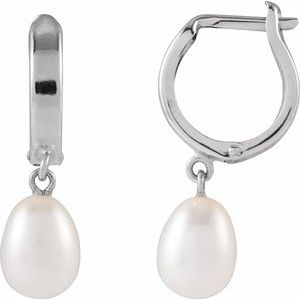 14K White Gold Cultured White Freshwater Pearl Pearl 5.5-6.0 Mm None Polished Cultured Freshwater Pearl Huggie Earrings