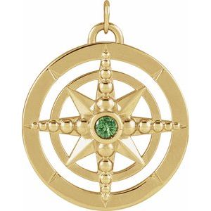 14K Yellow Gold Round 2.5 Mm Natural Tsavorite Garnet Compass Pendant