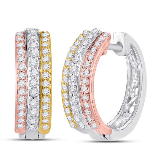 10K Tri-Tone Gold Womens Round Diamond Hoop Earrings 1/4 Cttw