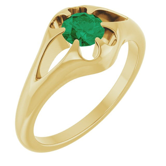 14K Yellow Gold Round 5 Mm Polished Natural Emerald Belcher Ring, Size 7
