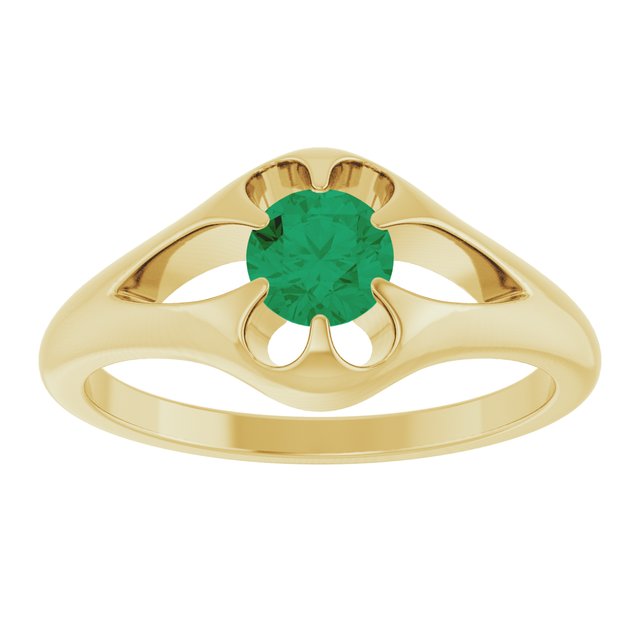 14K Yellow Gold Round 5 Mm Polished Natural Emerald Belcher Ring, Size 7