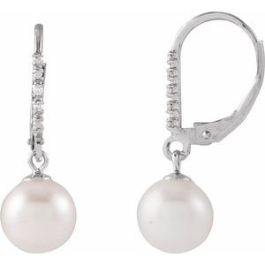 14K White Gold 7-7.5 Mm Polished Cultured Freshwater Pearl And .05 Ctw Natural Diamond Leverback Earrings
