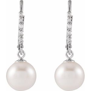 14K White Gold 7-7.5 Mm Polished Cultured Freshwater Pearl And .05 Ctw Natural Diamond Leverback Earrings