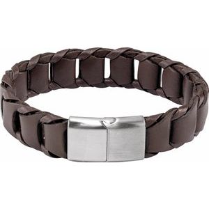 Stainless Steel  8 In 17 Mm Leather Cord Bracelet With Brushed Stainless Steel Clasp